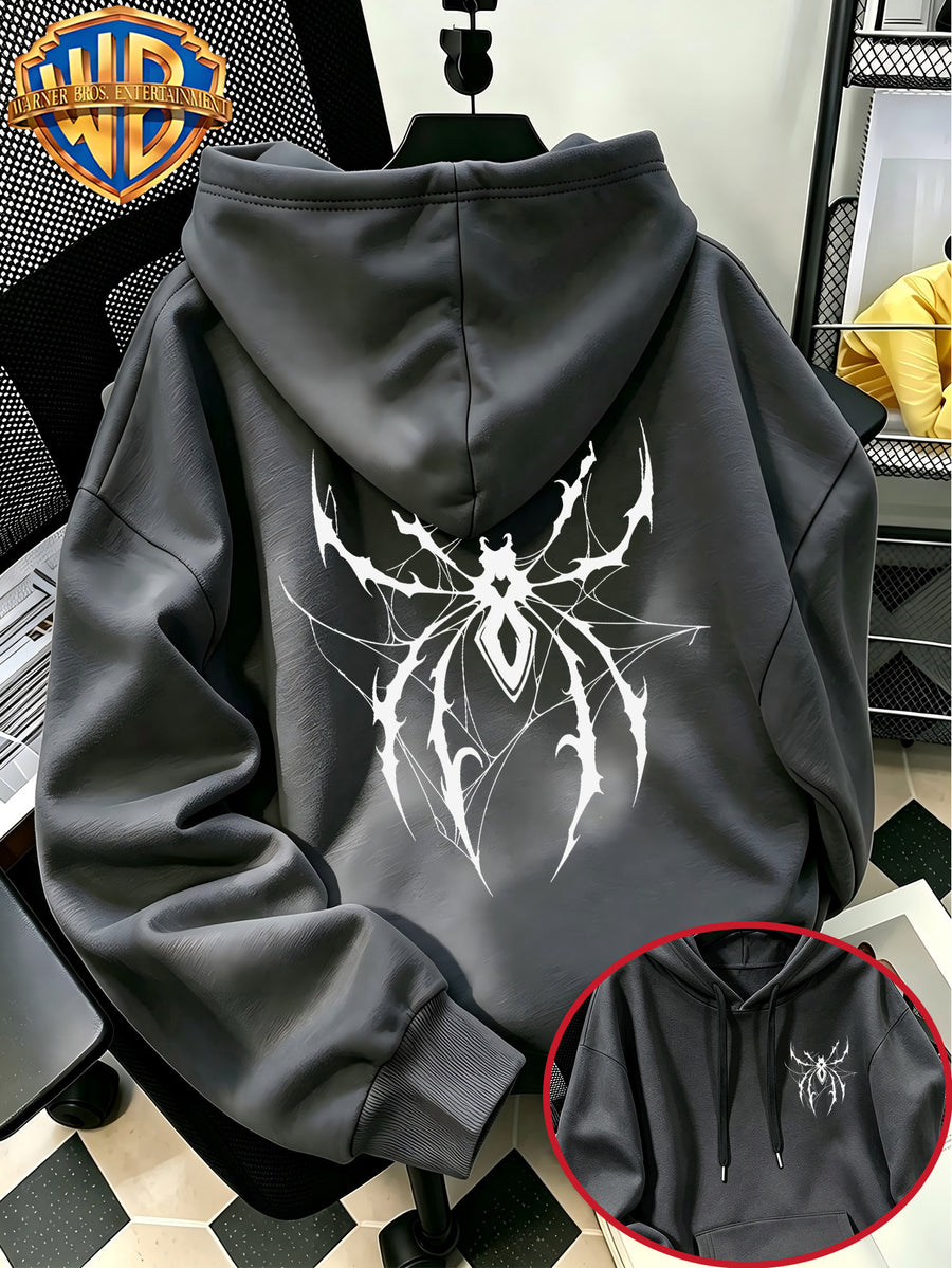 [Warner Bros. Official] Autumn/Winter Streetwear Fashion Men's Drawstring Pocket Hooded Sweatshirt, Dark Gothic Thorn & Cobweb Street Style Cool Print Design, Sporty Loose Fit Hoodie, for Daily Casual Wear, Men's Trendy Fashion, Suitable for Home - Dark Gray