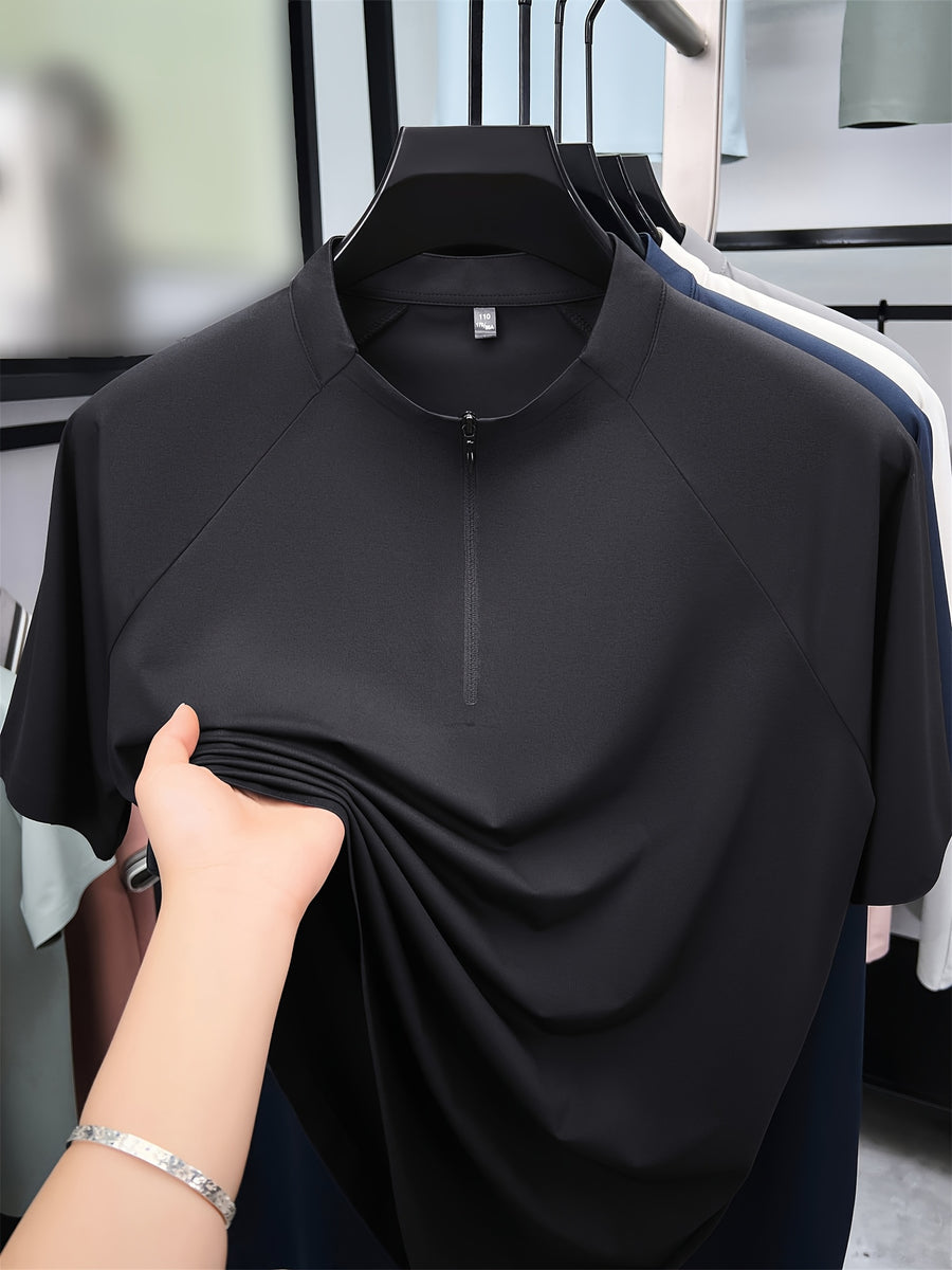 New Summer Men's Short-Sleeve Henley Shirt, Half-Zip Stand Collar Raglan Solid Color Top, Versatile Multi-Color Men's Apparel for Business Commuting, Outdoor, Fitness, Golf, Men's Gift - Black