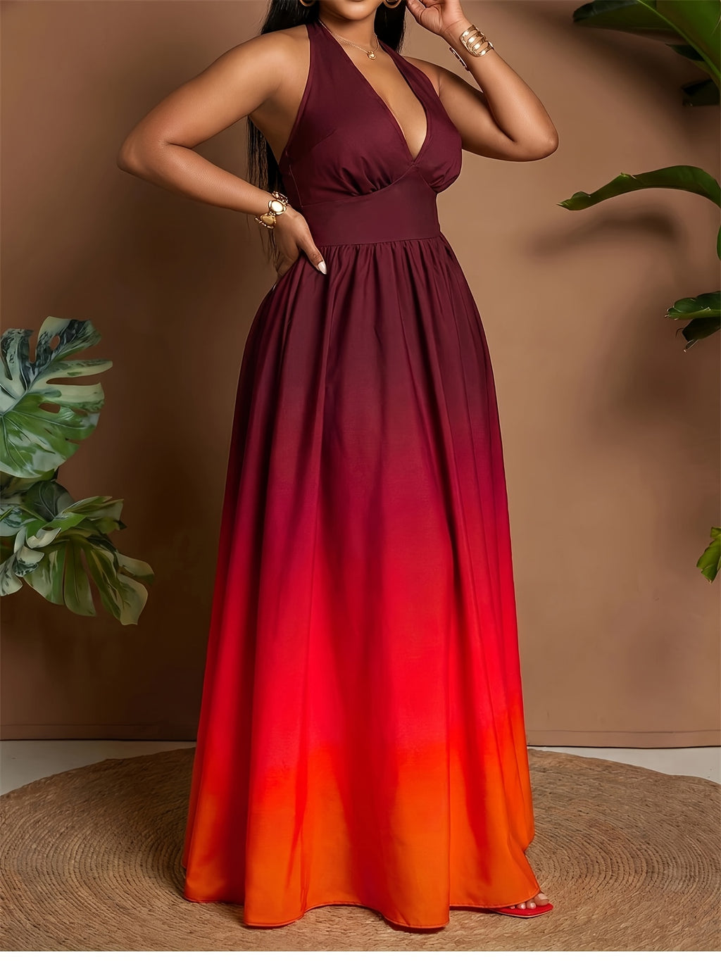 Women's Vacation Casual Halter Neck Printed V-Neck Cinched Waist Gradient Dress - Red