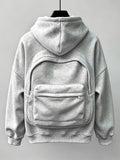 Men's Preppy Style Cropped Jacket with 3D Backpack Hooded Cardigan,  Loose-Fit Trendy Outerwear, Autumn/Winter Niche Design Zip-Up Jacket - Grey