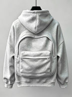 Men's Preppy Style Cropped Jacket with 3D Backpack Hooded Cardigan,  Loose-Fit Trendy Outerwear, Autumn/Winter Niche Design Zip-Up Jacket - Grey