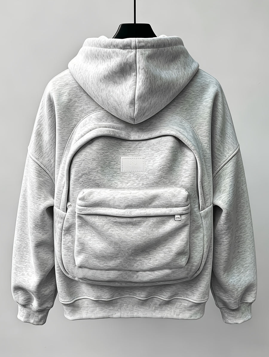 Men's Preppy Style Cropped Jacket with 3D Backpack Hooded Cardigan, Loose-Fit Trendy Outerwear, Autumn/Winter Niche Design Zip-Up Jacket - Grey