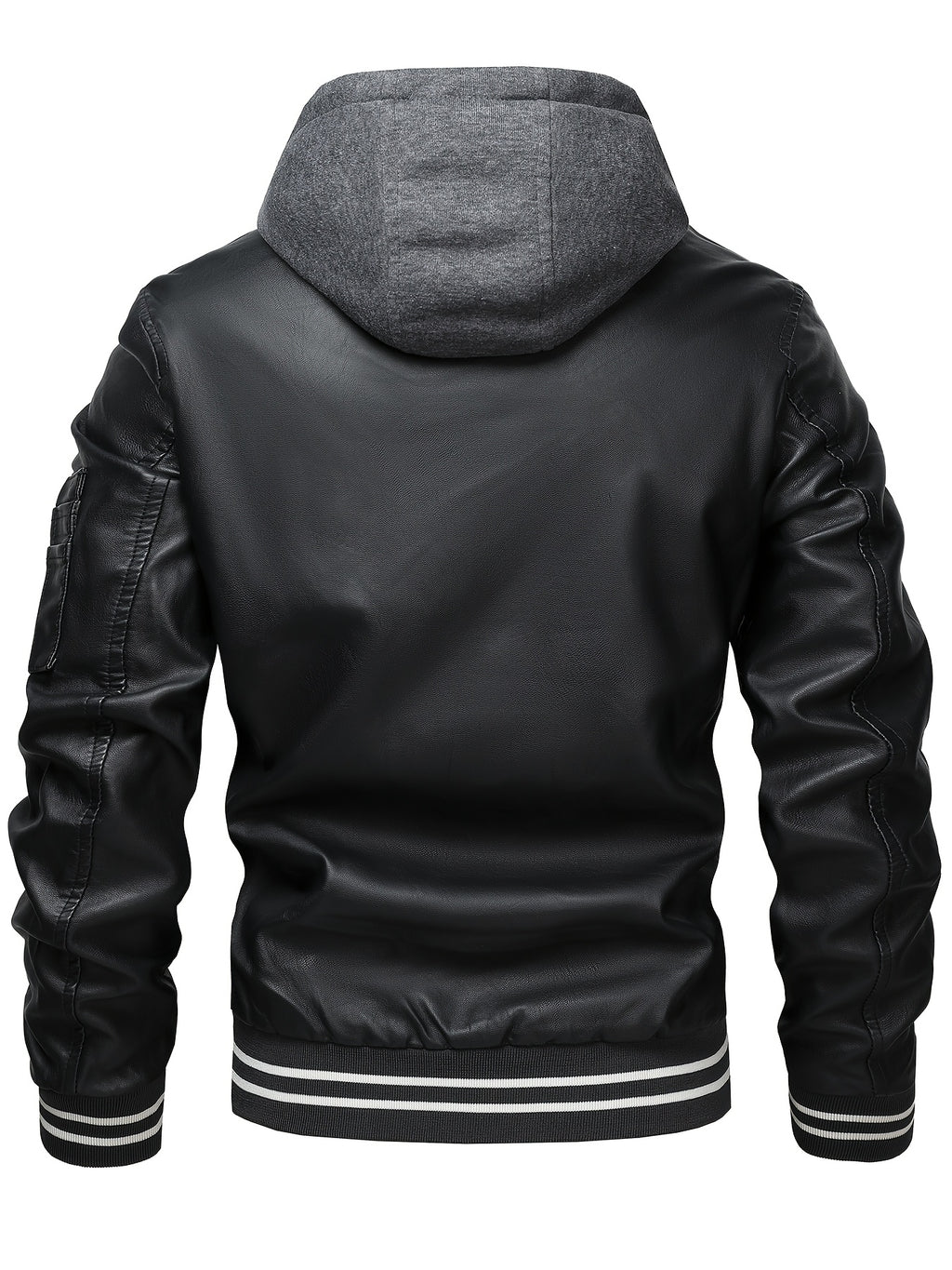 2026 New Best Choice 1pc Men'S Faux Leather Solid Color Hooded Lining Fleece Faux Leather Jacket Metal Zipper Multi-Pocket Design Casual Light Business Style Fall Slim Commute Daily Coat - Black