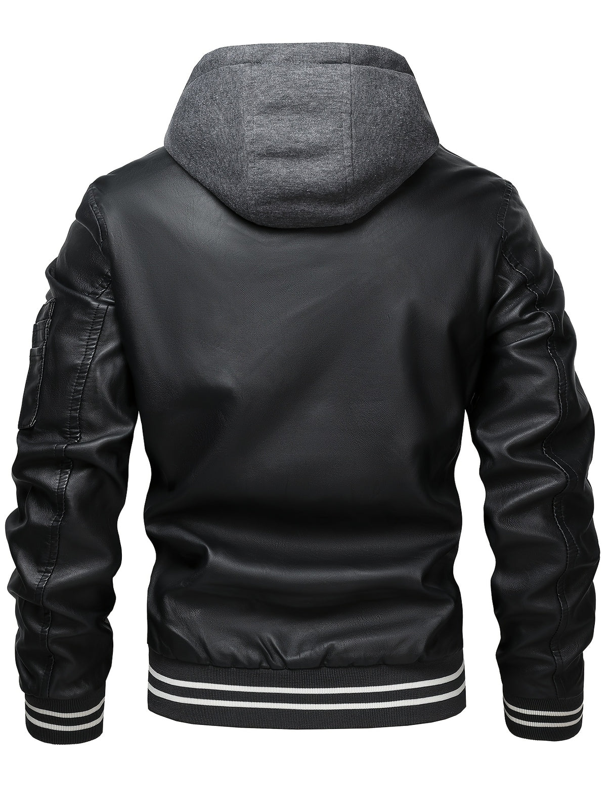2026 New Best Choice 1pc Men'S Faux Leather Solid Color Hooded Lining Fleece Faux Leather Jacket Metal Zipper Multi-Pocket Design Casual Light Business Style Fall Slim Commute Daily Coat - Black