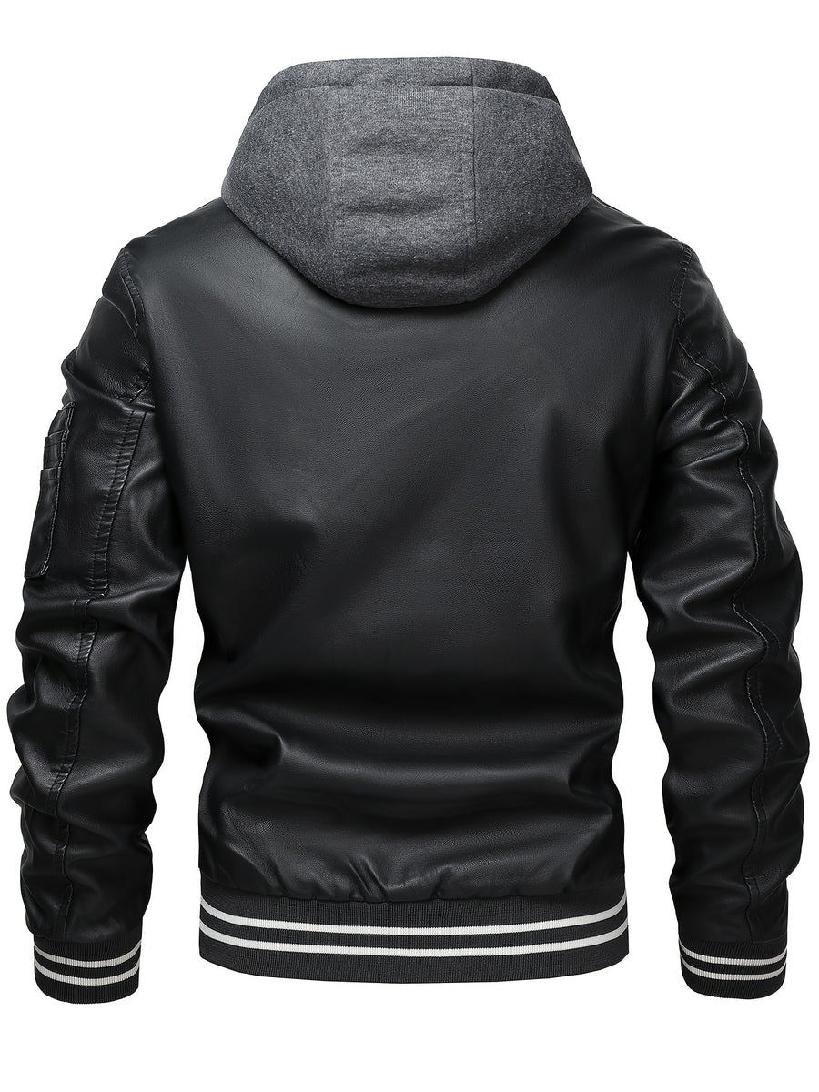 2026 New Best Choice 1pc Men'S Faux Leather Solid Color Hooded Lining Fleece Faux Leather Jacket Metal Zipper Multi-Pocket Design Casual Light Business Style Fall Slim Commute Daily Coat - Black