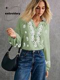 French-style Embroidered Ethnic-inspired Double-layer Breathable Fabric Long-sleeve Shirt, Offering Ease, Comfort, and Breathability, Perfect for Daily Wear, Commuting, and Vacations - Matcha Color