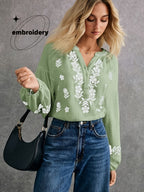 French-style Embroidered Ethnic-inspired Double-layer Breathable Fabric Long-sleeve Shirt, Offering Ease, Comfort, and Breathability, Perfect for Daily Wear, Commuting, and Vacations - Matcha Color