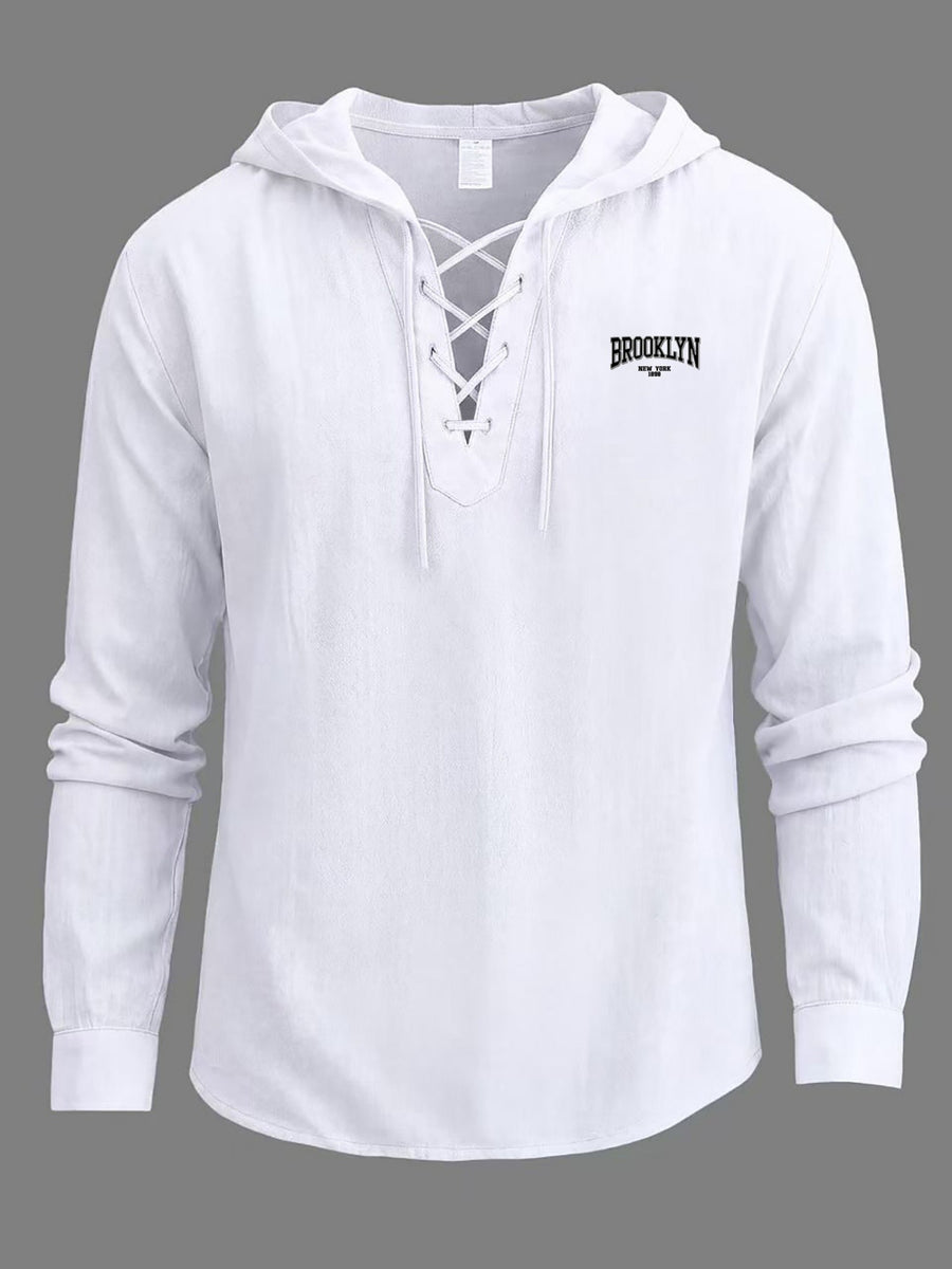 Men's Trendy Lace-up Hooded Top with a V-neck That Creates a Three-dimensional Layered Look. The Brooklyn Logo on the Left Chest Enhances the Vintage Style, Making It Suitable for Urban Explorations, Suburban Outings, and Street Strolls - White