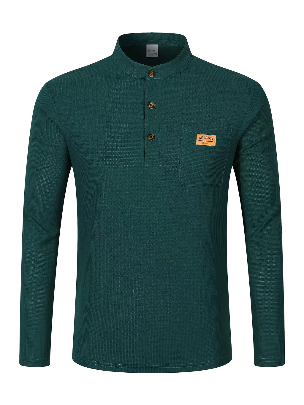 Maqiqi OBM Men's Fashion Waffle Knit Long Sleeve Henley Shirt, Stand Collar Button-Up Top with Chest Pocket and Positioned Printed LOGO, Casual Regular Fit Solid Color Spring/Autumn Daily Top - Dark Green