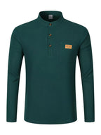Maqiqi OBM Men's Fashion Waffle Knit Long Sleeve Henley Shirt, Stand Collar Button-Up Top with Chest Pocket and Positioned Printed LOGO, Casual Regular Fit Solid Color Spring/Autumn Daily Top - Dark Green
