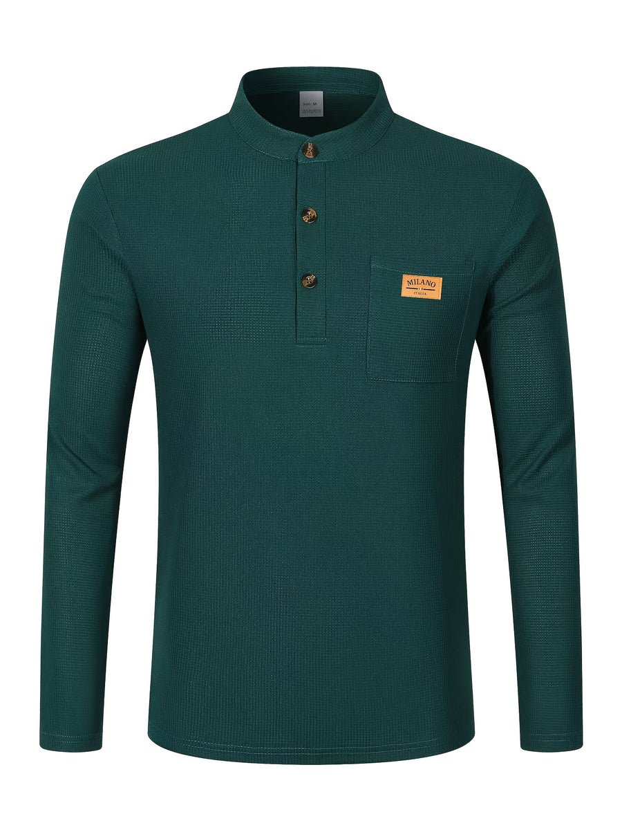 Maqiqi OBM Men's Fashion Waffle Knit Long Sleeve Henley Shirt, Stand Collar Button-Up Top with Chest Pocket and Positioned Printed LOGO, Casual Regular Fit Solid Color Spring/Autumn Daily Top - Dark Green