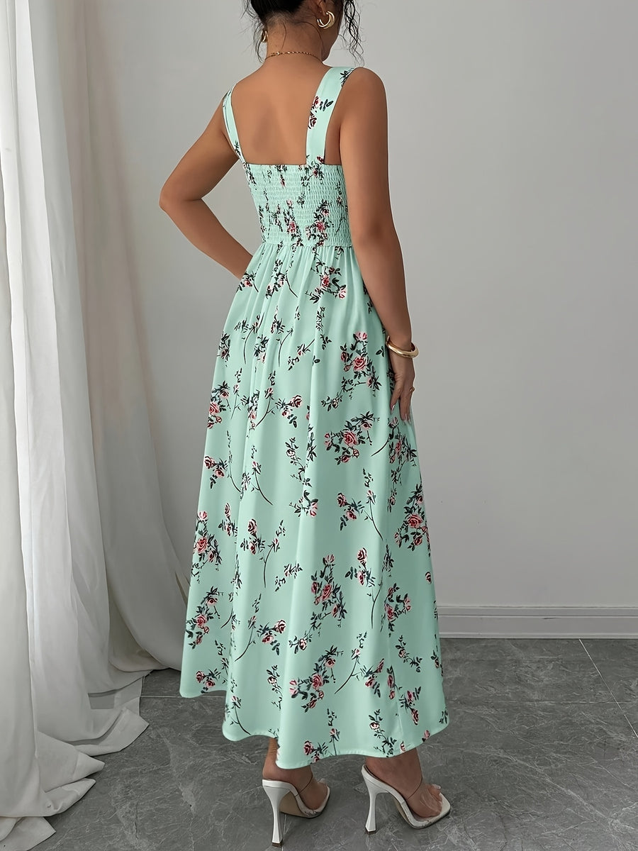 New Spring And Summer Casual French Printed Suspender Long Dress, Square Collar Waist Design, Elastic Band on The Back, A-Line Printed Skirt, Suitable for Vacation, Commuting, Dating And Other Occasions, And Retro Elegant. Perfect for All Occasions - Green