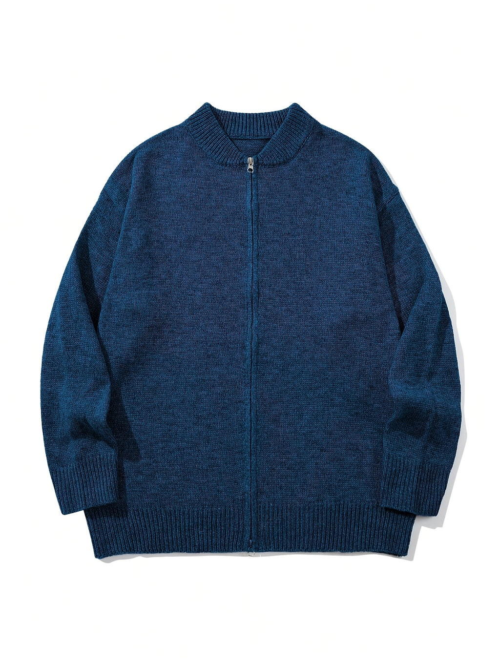 Autumn/Winter New Japanese & Korean Style Men's Simple Versatile Solid Color Casual Loose Long Sleeve Zipper Fabric Cardigan Open Front Knitted Outerwear - Blue