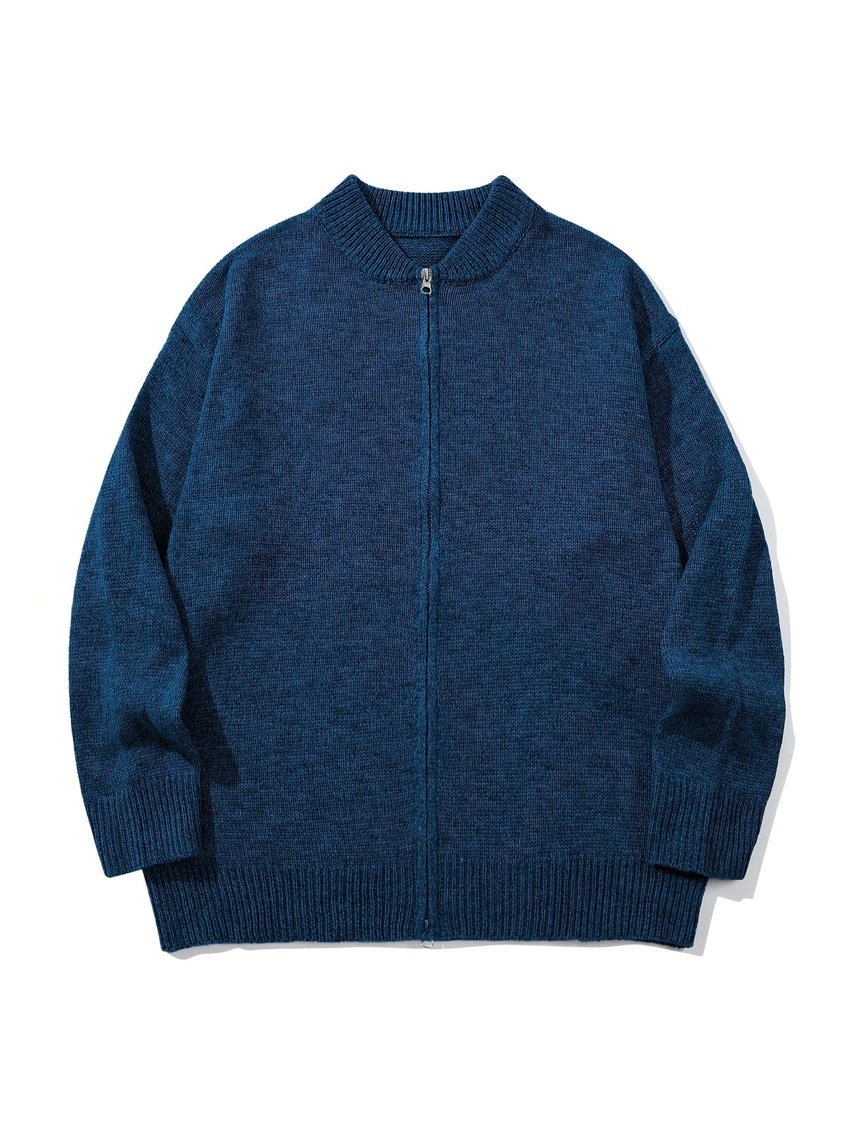 Autumn/Winter New Japanese & Korean Style Men's Simple Versatile Solid Color Casual Loose Long Sleeve Zipper Fabric Cardigan Open Front Knitted Outerwear - Blue