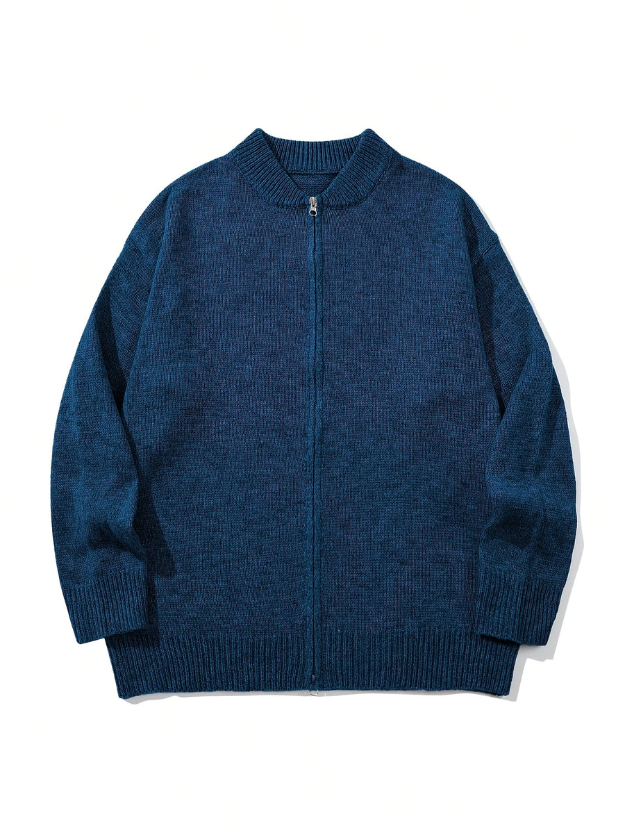 Autumn/Winter New Japanese & Korean Style Men's Simple Versatile Solid Color Casual Loose Long Sleeve Zipper Fabric Cardigan Open Front Knitted Outerwear - Blue