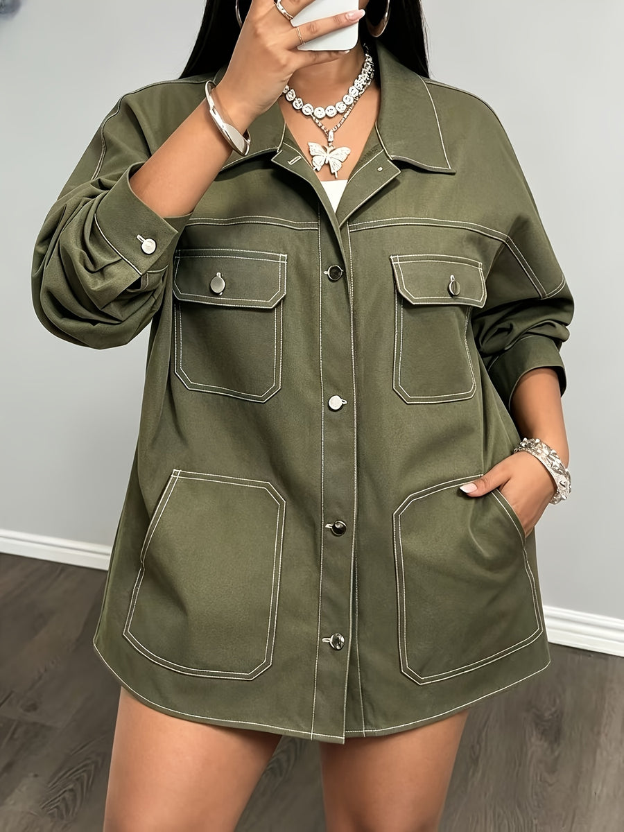 Plus Size, Oversize Women Coat Olive Green Utility Jacket with Contrast Stitching and Pocket Casual Button Shacket Streetwear Fashion Plus Size Mutiple Pockets Womens Jacket for Daily Wear - Olive Green