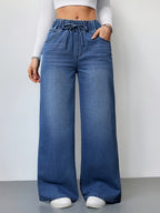 Women's Wide-Leg Jeans - Vintage Washed Wash Non-Stretch Pants with Wide Leg Opening & Drawstring Waist for all-Season Wear, Casual or Dressy Outfits (Machine Washable) - Blue