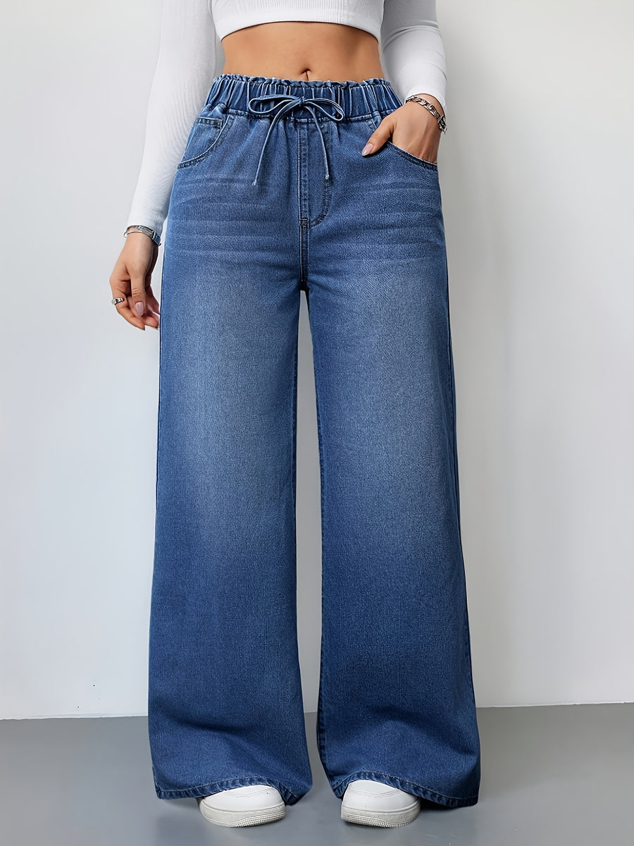 Women's Wide-Leg Jeans - Vintage Washed Wash Non-Stretch Pants with Wide Leg Opening & Drawstring Waist for all-Season Wear, Casual or Dressy Outfits (Machine Washable) - Blue