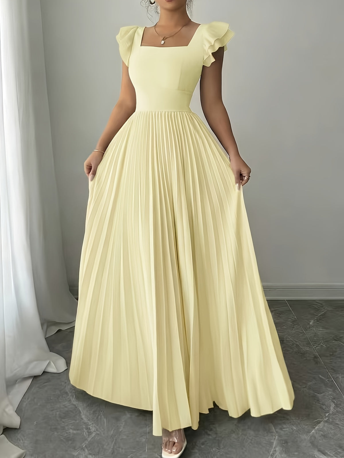 Women'S Elegant Floral Print Pleated Hem Long Dress, Summer - Yellow