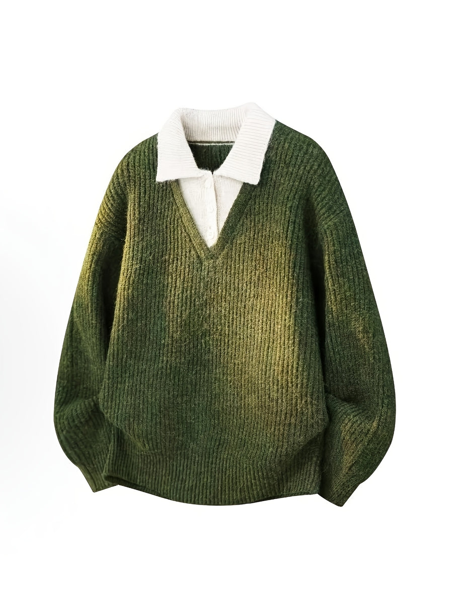 Simple Casual Color-Block Patchwork Lapel Pullover Long-Sleeve Sweater, Fashionable 2-in-1 Look Knitwear - fern green