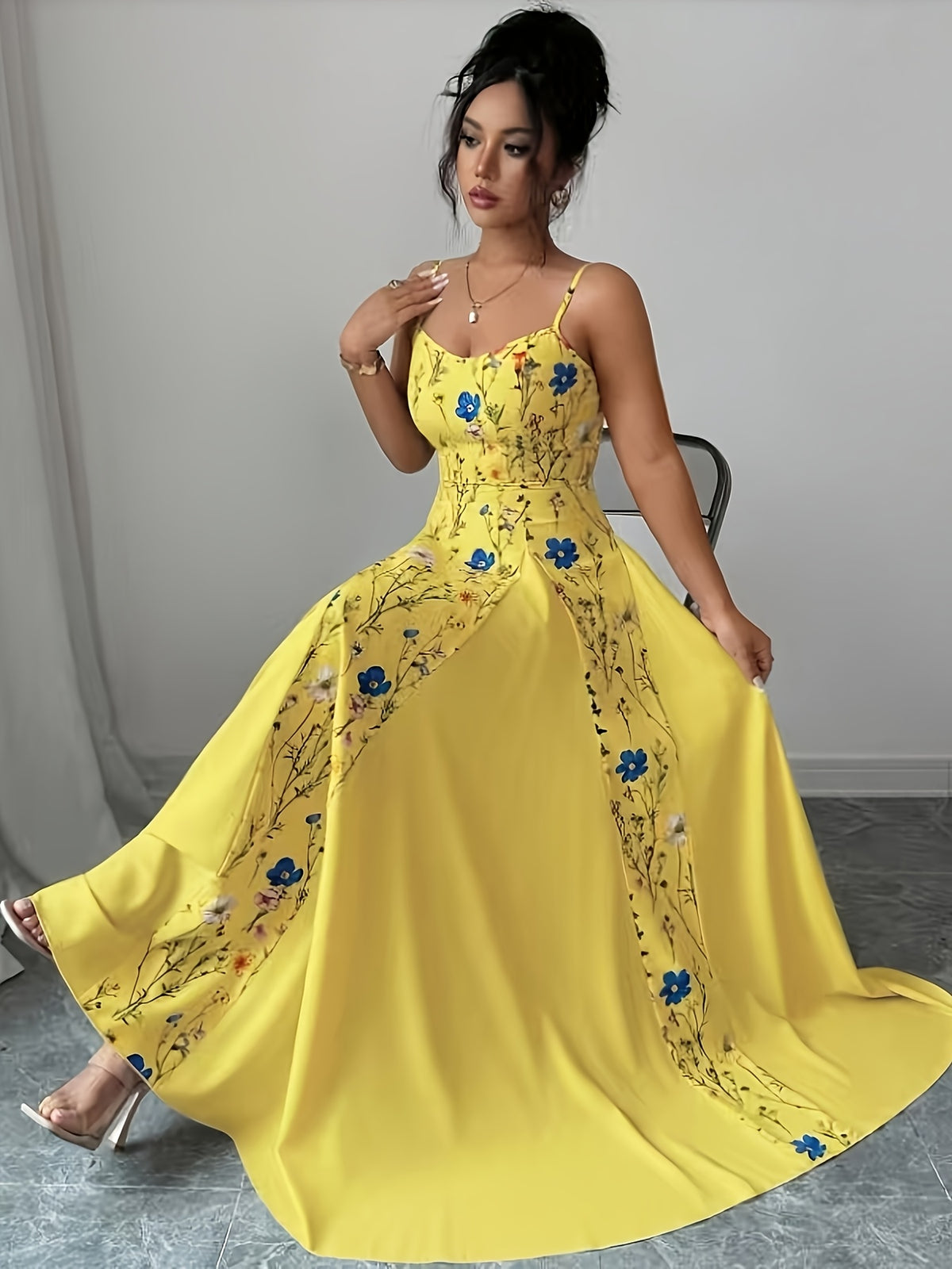 Elegant Floral Print Maxi Dress | French Romantic Spaghetti Strap, Flared Hem, Sleeveless, Backless Detail, Ideal for Spring/Summer - Yellow