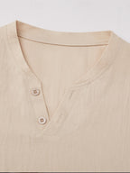 Men'S Summer Solid Short Sleeve T-Shirt, Button-Up V-Neck Casual Top, Soft And Comfortable Linen Fabric, Suitable for Daily Home And Outdoor Wear - Khaki