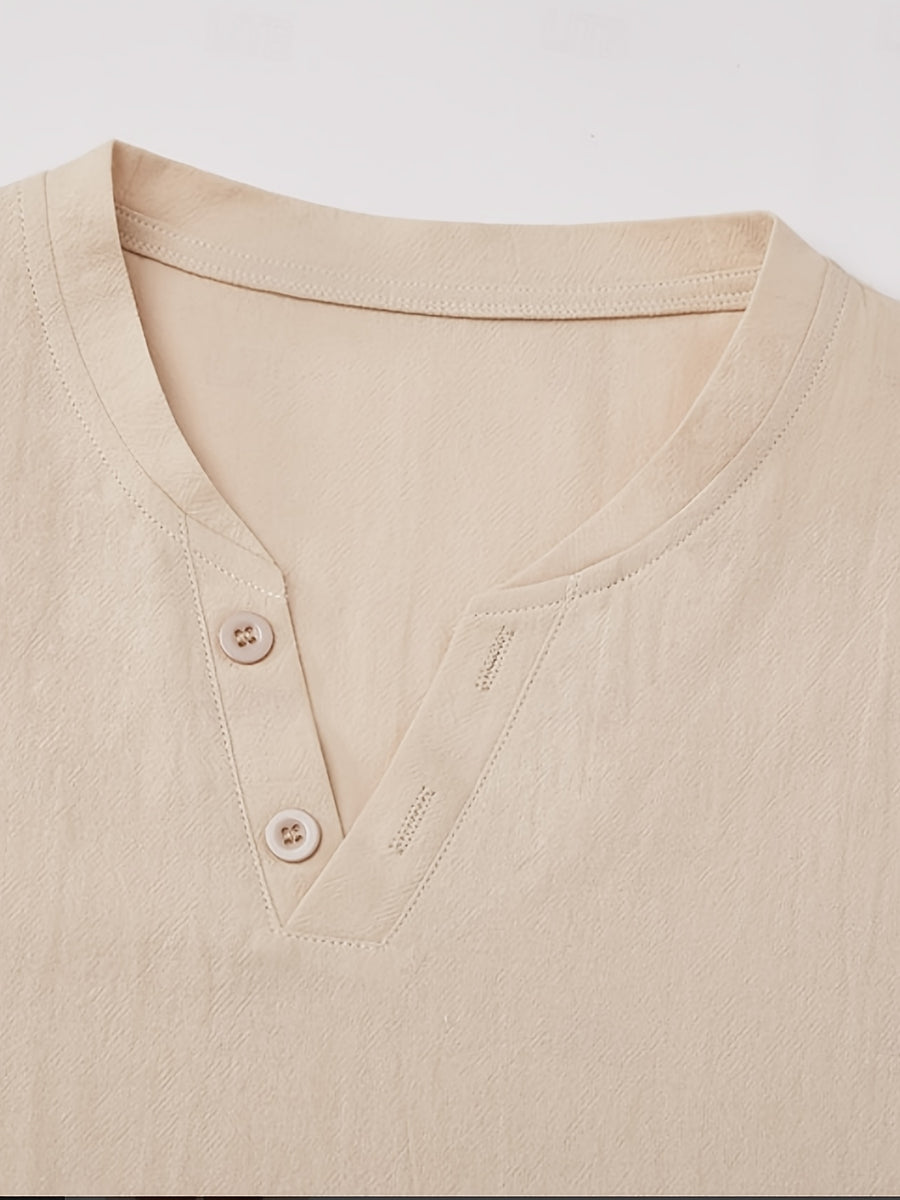 Men'S Summer Solid Short Sleeve T-Shirt, Button-Up V-Neck Casual Top, Soft And Comfortable Linen Fabric, Suitable for Daily Home And Outdoor Wear - Khaki