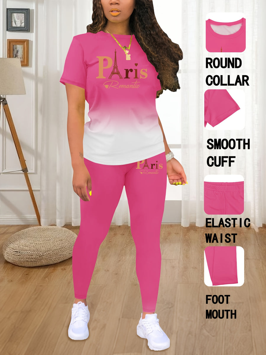 Fashionable Women'S Spring/Summer Set | Crew Neck Short Sleeve Printed Top with Long Pants | Architectural Pattern, Regular Fit - Rose Red
