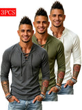 3pcs Set of New Men'S Long Sleeve Drawstring Henley Shirts, Ribbed Knit V-Neck Muscle T-Shirts, Slim Fit Stretch Fitness Tops, Casual Street Fall Winter Base Layers, Slim But Not Tight, Suitable for Commuting And Dates, Multi-Color Options - Gray+green+white