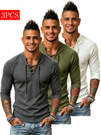 3pcs Set of New Men'S Long Sleeve Drawstring Henley Shirts, Ribbed Knit V-Neck Muscle T-Shirts, Slim Fit Stretch Fitness Tops, Casual Street Fall Winter Base Layers, Slim But Not Tight, Suitable for Commuting And Dates, Multi-Color Options - Gray+green+white
