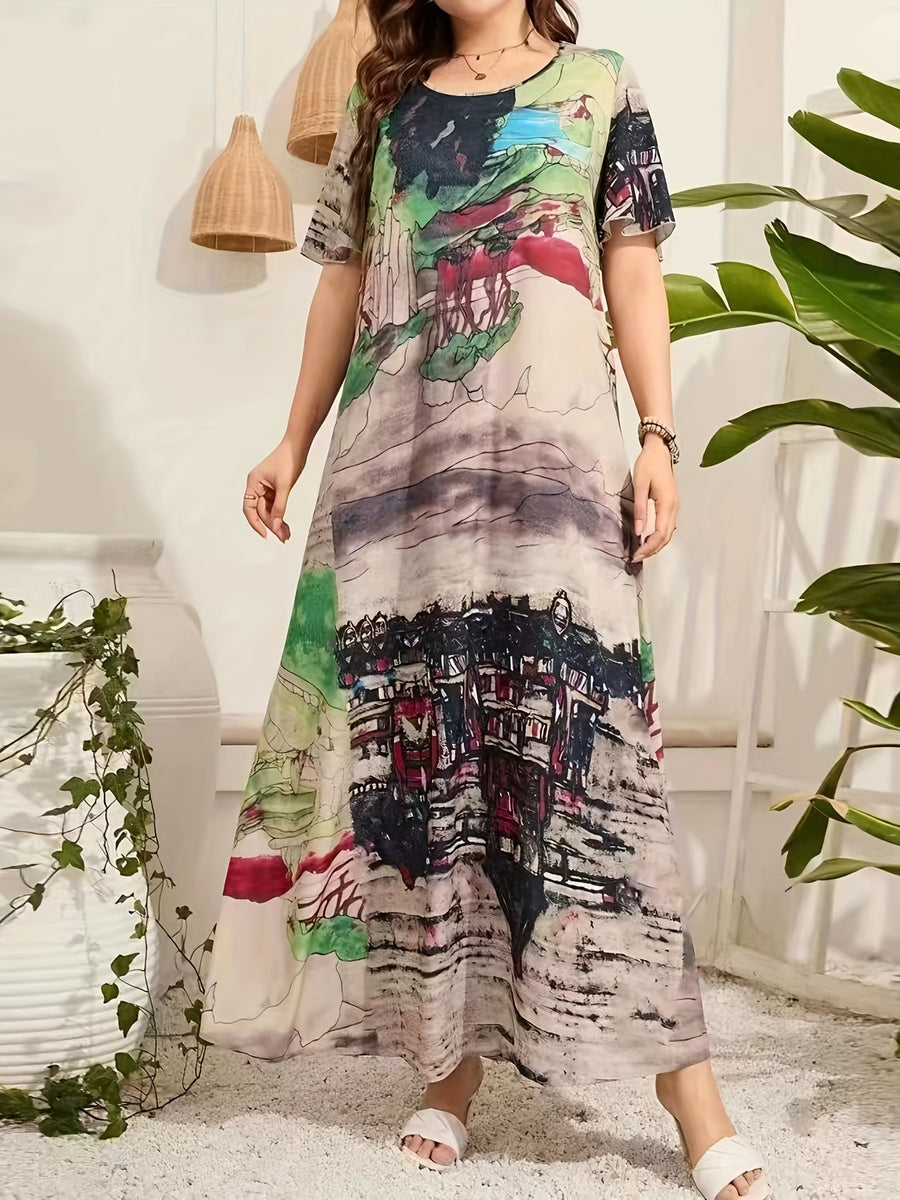 Casual Abstract Ink Wash Print Dress, Round Neck Short Sleeve Loose Fit Long Dress - Mixed colors