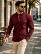 1pc Men'S Long Sleeve Henley Shirt, Stand Collar Slim Fit Casual Top, Solid Color Micro-Elastic Machine Washable Fabric, Contrast Stitching, Pocket Design Suitable for Early Autumn, for Daily, Travel, Dates - Burgundy