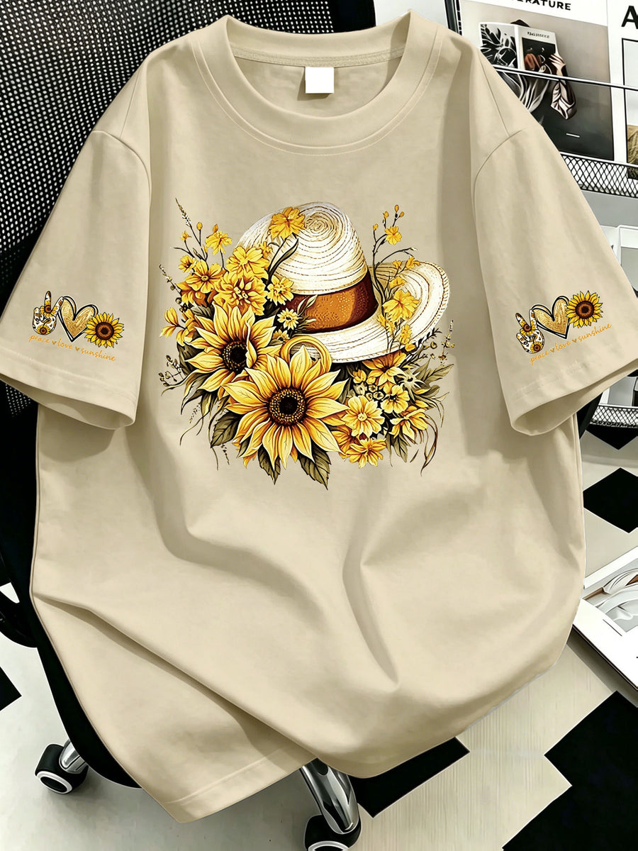 Plus Size, Plus-size Sunflower Print Round-neck Women's Casual Short-sleeve T-shirt, Suitable for Summer Vacations, Casual and Comfortable - Apricot