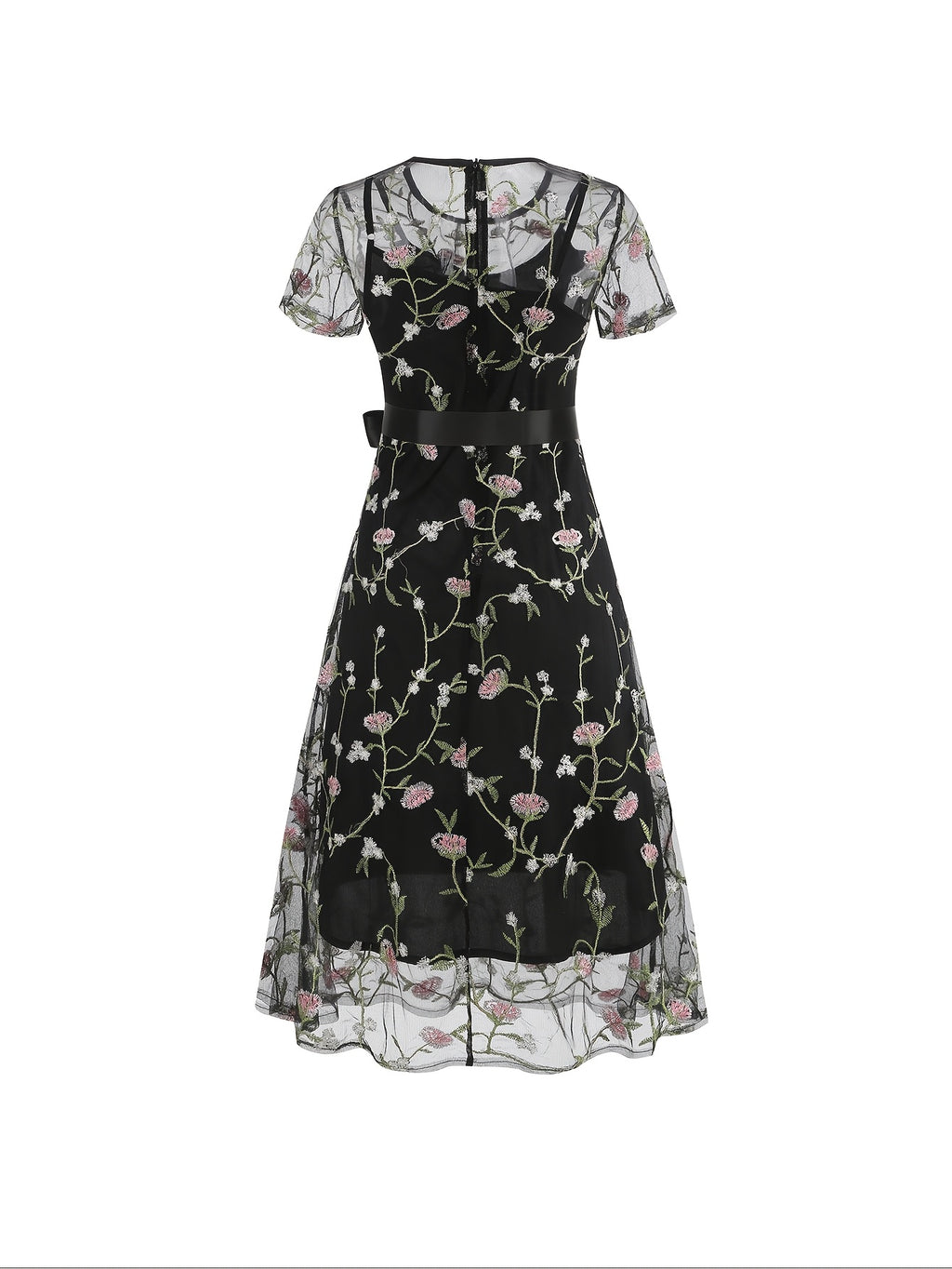 Ladies' Elegant Vintage Mesh Embroidered 50S Belt Vintage Commuter Suit Dress - Black