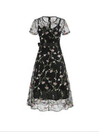 Ladies' Elegant Vintage Mesh Embroidered 50S Belt Vintage Commuter Suit Dress - Black