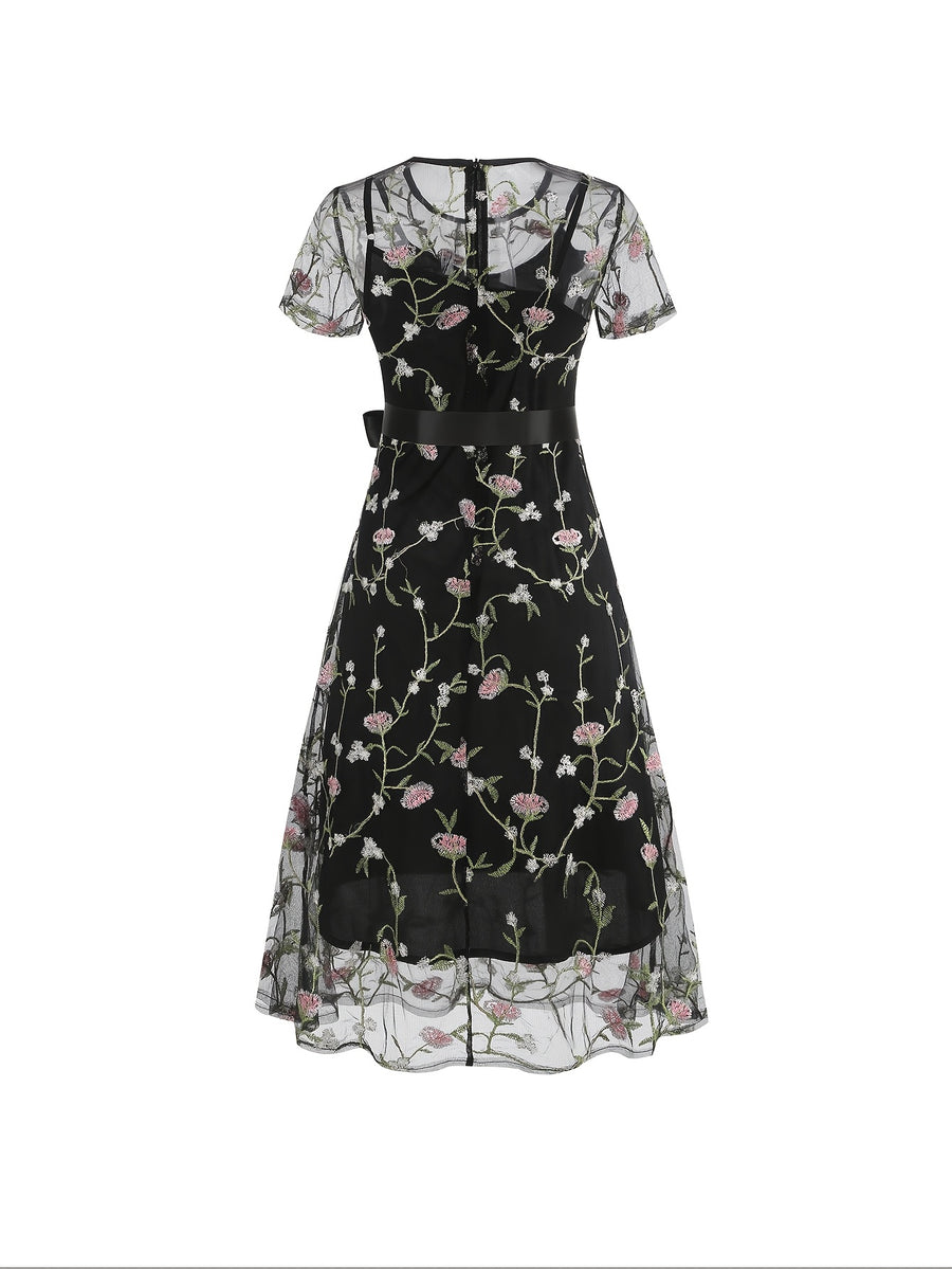 Ladies' Elegant Vintage Mesh Embroidered 50S Belt Vintage Commuter Suit Dress - Black