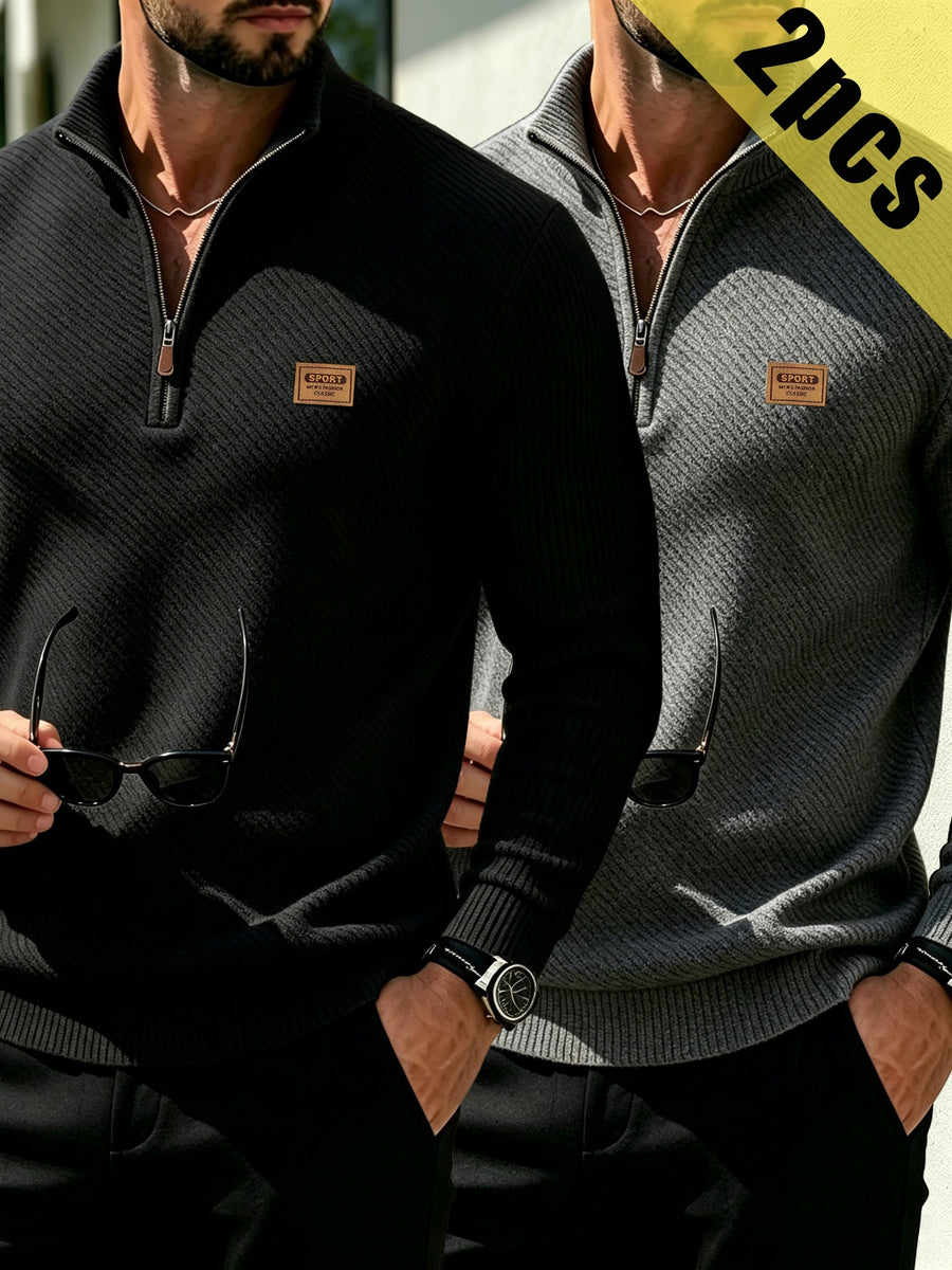 2pcs Men's Fashionable Versatile Top, Twill Texture Half-Zip Stand Collar Long-Sleeve Sweatshirt, Knitted Solid Color Long-Sleeve Casual Top for Daily Leisure, Sports & Fitness, Fashionable and Versatile. Soft, Comfortable, and Stylish Solid Color - Black+Grey