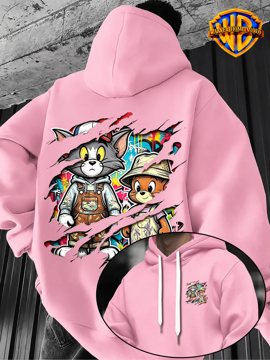 Warner Bros Official 1pc Vintage Painted Cartoon Character Trendy Casual Hoodie - Men's Fashion Hoodie, Adjustable Drawstring Loose and Comfortable Sweatshirt, Suitable for Daily and Outdoor Sports Wear, the Perfect Choice for Warmth in Autumn - Pink Color