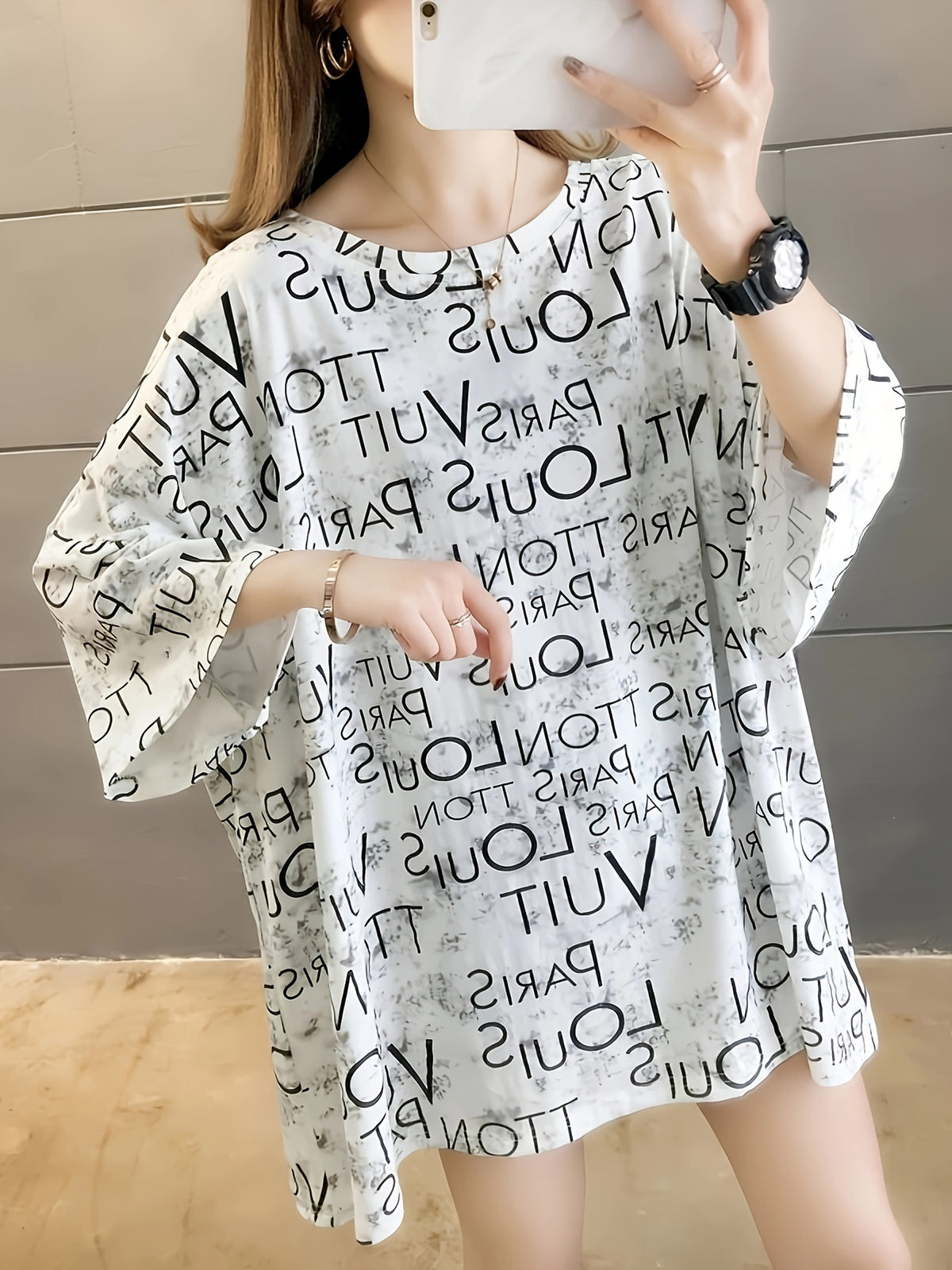 Women's Oversized Casual T-Shirt - Summer Loose Fit Longline Top with Bold Letter Print, Round Neck Short Sleeve, Medium Stretch Fabric, Machine Washable for Spring Summer Fall, Ladies T Shirts, Casual Attire, Trendy Graphic Tee, Stretchy Fabric Tee - 3383-W
