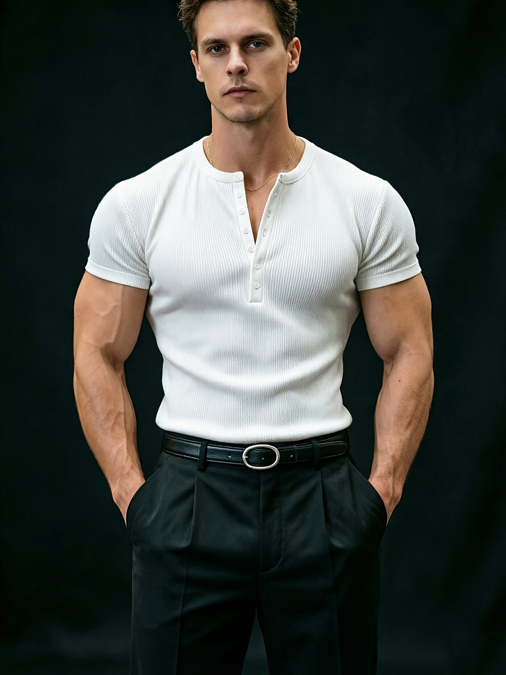 American Vintage Henley Knit Short Sleeve Top, Men'S Slim Fit T-Shirt, Square Shoulder Cut Enhances Shoulder Lines, Vertical Striped Elastic Fabric Moisture-Wicking And Breathable, Suitable for Commuting Office, Fitness Training, Travel Vacation - White