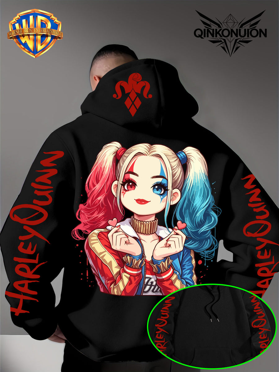 Warner Official Men'S Hoodie, Q-Version Quinn Red Blue Double Ponytail Cute Print Design, Machine Washable, Warm And Casual for Autumn And Winter, Daily Drawstring Hoodie, Multifunctional Sports And Casual Loose Fit - Black
