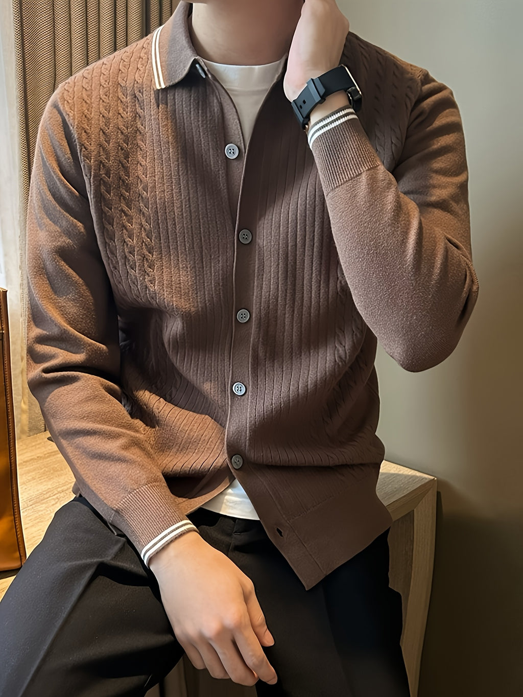 Men's Fashion Color-Block Knit Cardigan, Lightly Mature Design with Twisted Pattern and Warm Collar Sweater - Camel
