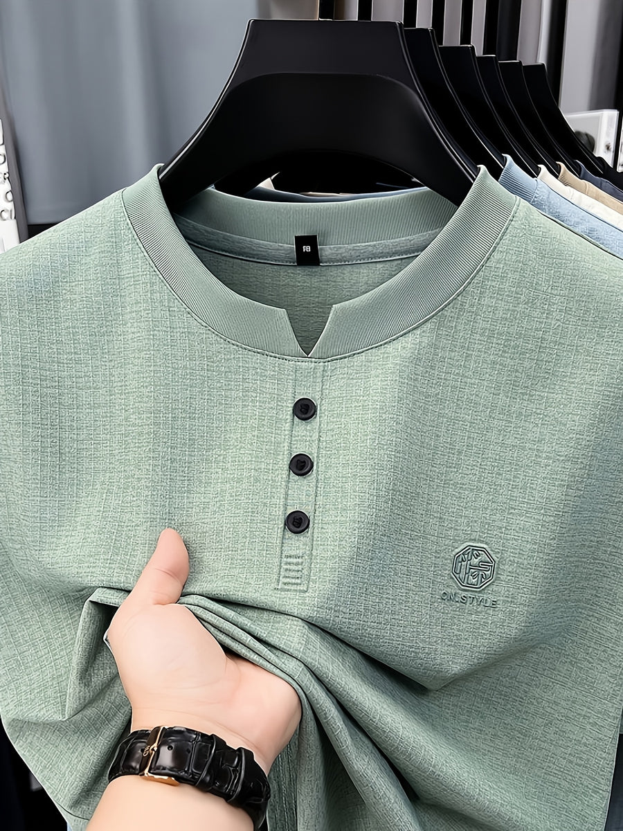 Men's Summer Short-Sleeve Crewneck T-Shirt - Breathable Business Casual Round Neck Base Layer Top, Solid Color Asymmetrical Hem Suitable for Daily Work Wear, Office & Casual Outfits, Machine Washable Light Luxury Style - Emerald Green