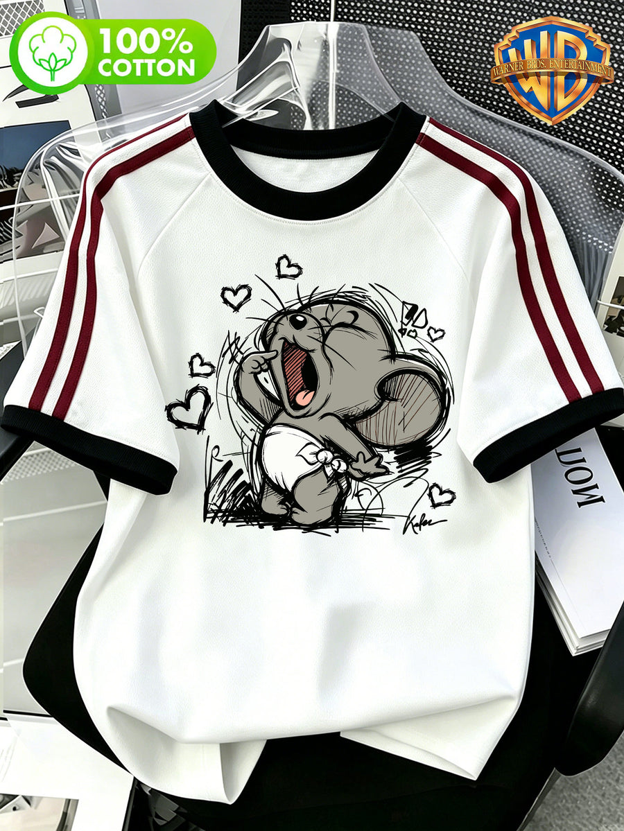 Cartoon Pattern Print Double Stripe Color-Block T-Shirt, Men'S Size, 100%, Machine Washable - Casual Comfortable, Diverse Styles, Loose Fit, Summer Short Sleeve - White