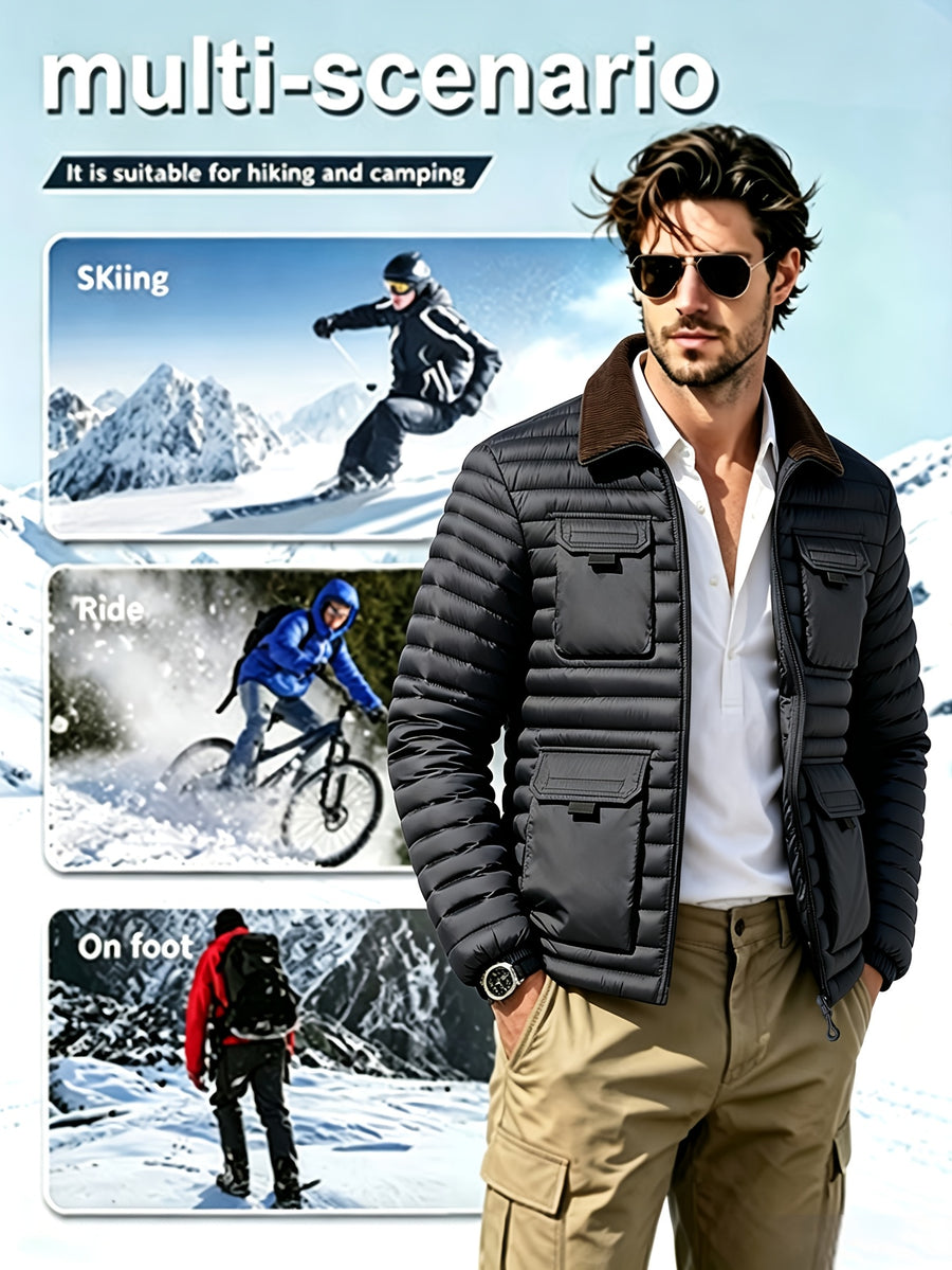 Men'S Horizontal Quilted Winter Jacket, Brown Corduroy Collar, 4-Pocket Utility Style with Ribbon Loops, Full-Zip Closure, Lightweight Warm Padded Coat, Suitable for Skiing, Riding, Hiking, Camping, Casual Commute And Business Attire - Grey