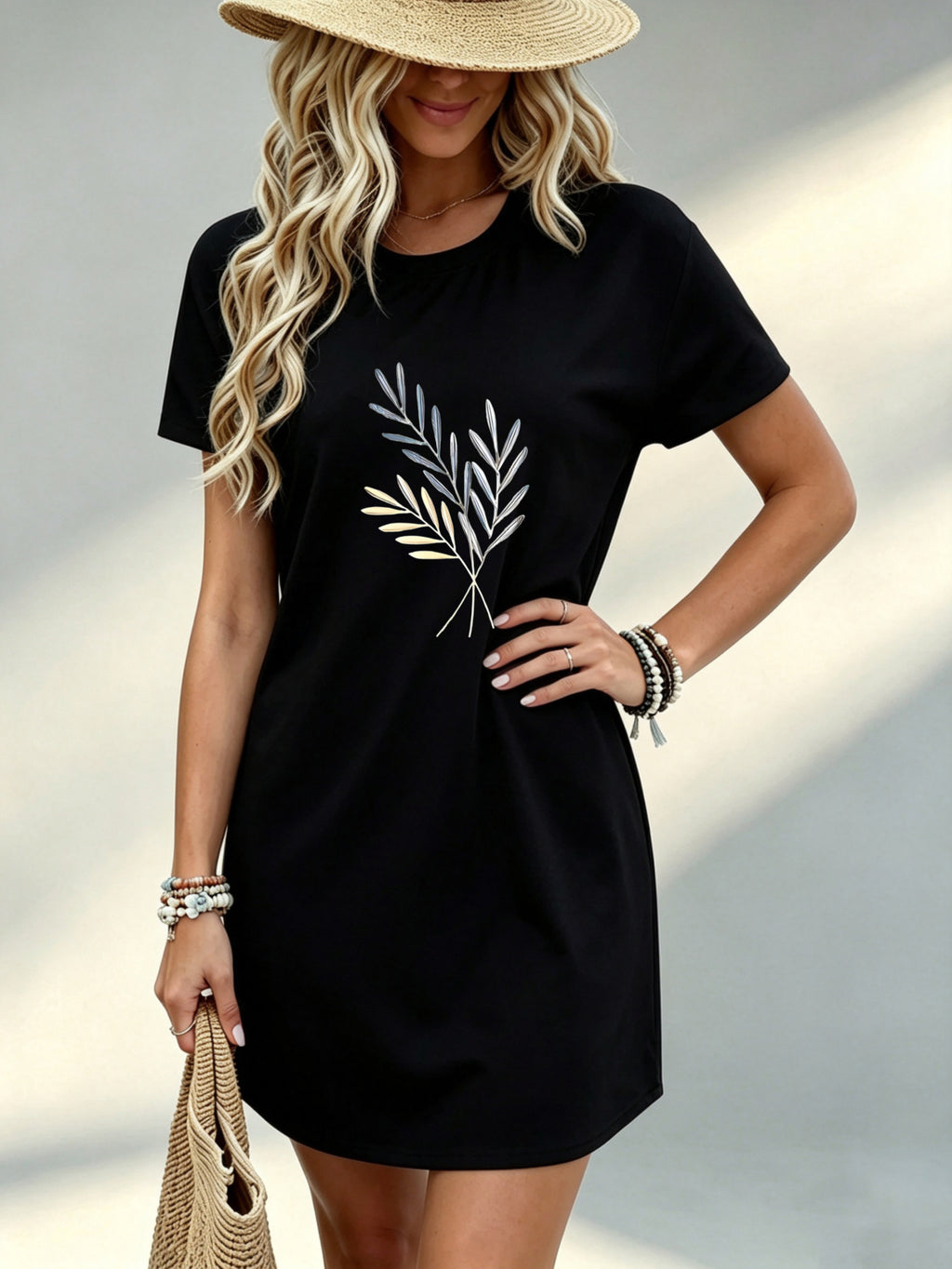 Printed Design - Not Textured, Casual Style, Women'S Dress, Leaf Pattern, Beach Scene, Gift for Her, 100% - Black