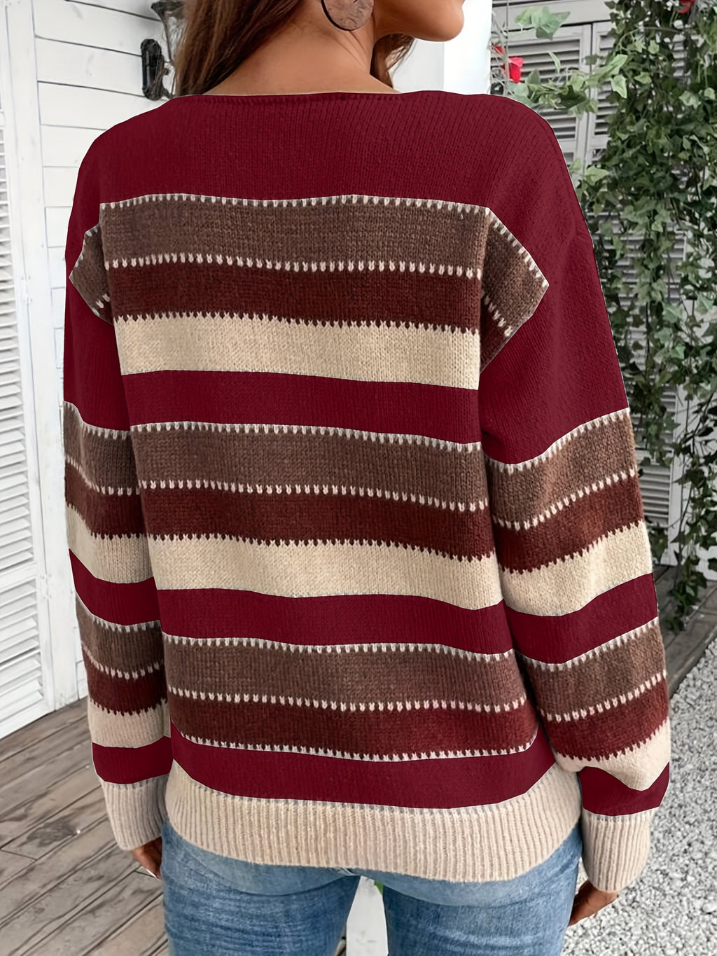 Women's Vintage Casual Sweater - Soft Medium-Stretch Round Neck Long Sleeve, Horizontal Striped Loose Fit Pullover for All-Season Comfort & Everyday Elegance, Cute Sweaters, Elegant Layering Piece, Durable Knitwear - Burgundy