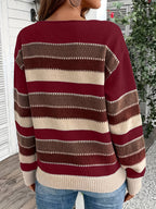 Women's Vintage Casual Sweater - Soft Medium-Stretch Round Neck Long Sleeve, Horizontal Striped Loose Fit Pullover for All-Season Comfort & Everyday Elegance, Cute Sweaters, Elegant Layering Piece, Durable Knitwear - Burgundy
