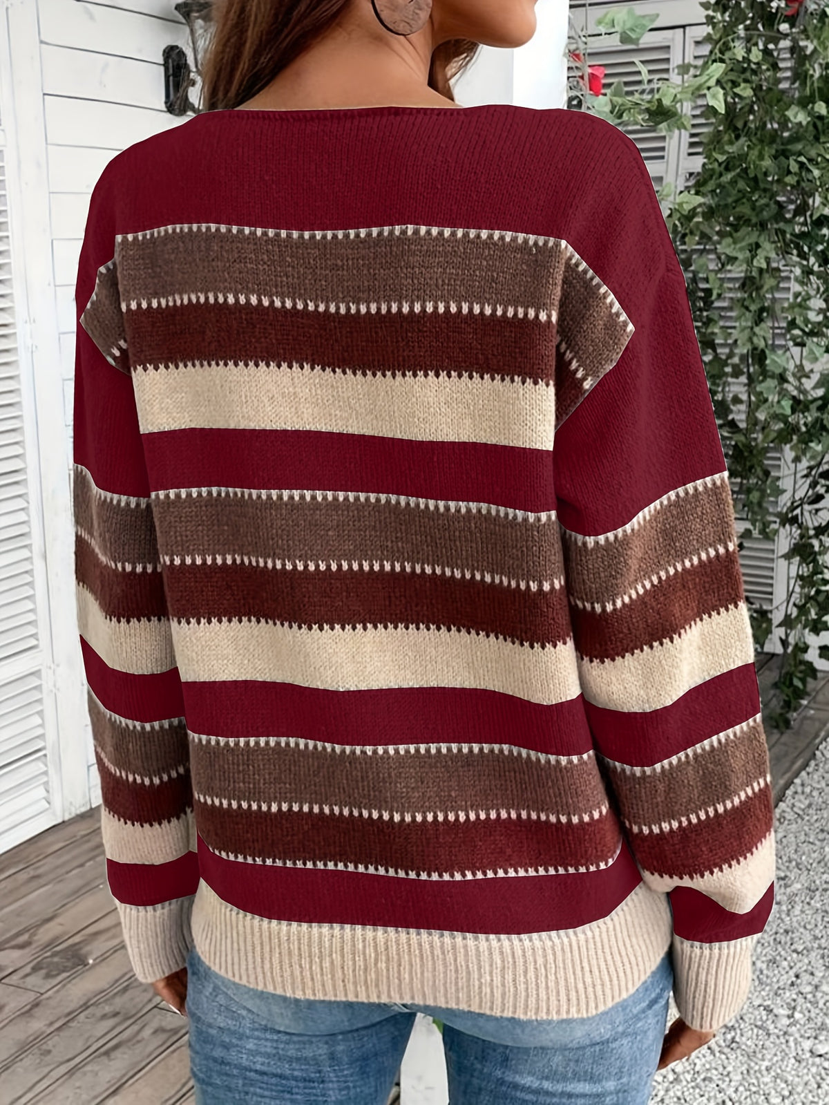 Women's Vintage Casual Sweater - Soft Medium-Stretch Round Neck Long Sleeve, Horizontal Striped Loose Fit Pullover for All-Season Comfort & Everyday Elegance, Cute Sweaters, Elegant Layering Piece, Durable Knitwear - Burgundy