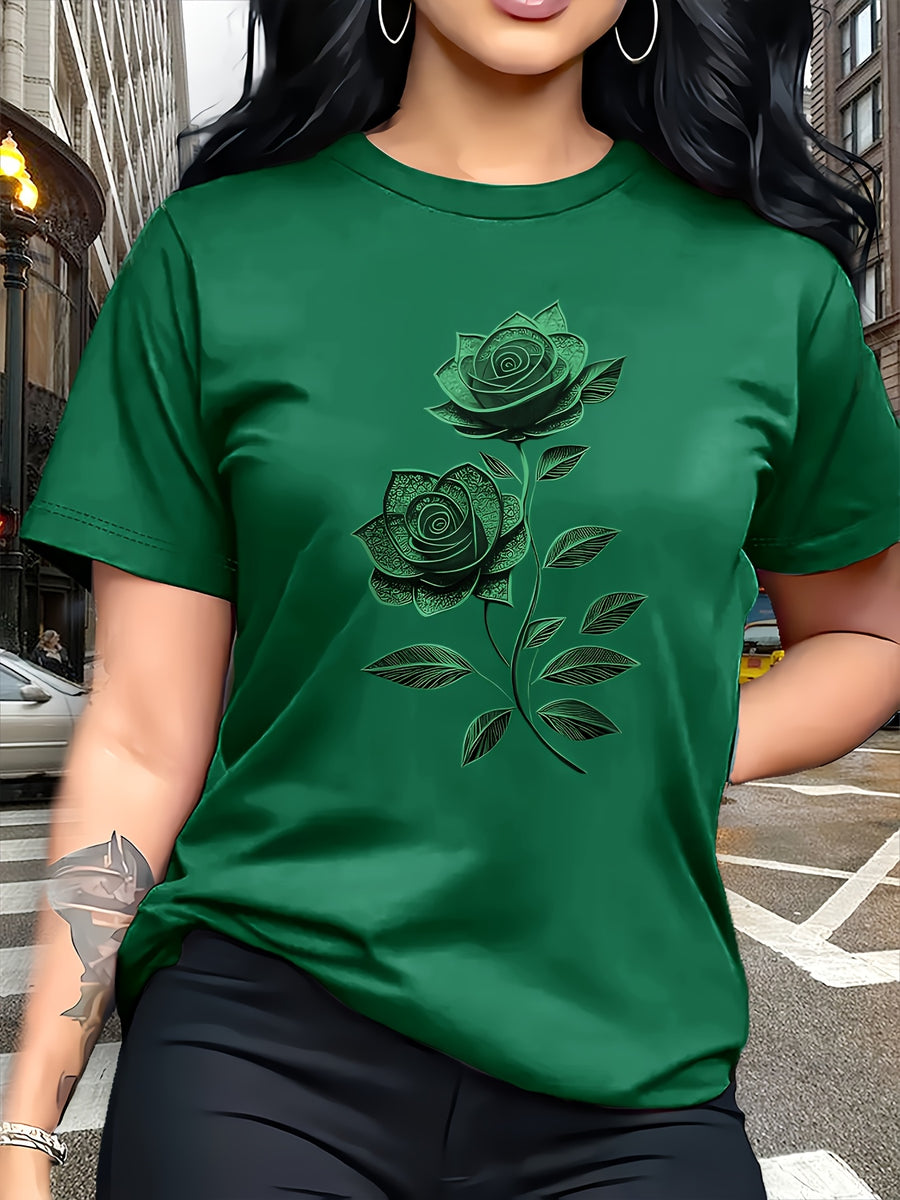 Elegant Women'S T-Shirt | Unique Rose Pattern - Casual Crew Neck Top | Breathable, Lightweight, Perfect for Spring And Summer Wardrobe - Green